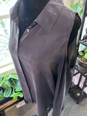 Equipment 100% Silk Cold Shoulder Button-Up Blouse in Deep Charcoal
